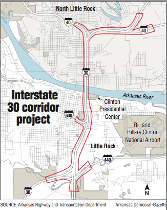 A map showing the Interstate 30 corridor project.