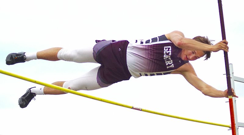 Photo by Randy Moll Jon Faulkenberry of Gentry cleared 10 feet, six inches, in the pole vaulting event at the Pioneer Relays in Gentry on Thursday, earning his the Number 6 spot in the event.