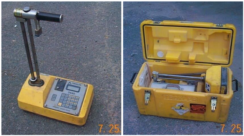 A moisure density gauge containing radioactive material and its traveling case are shown in these photos released by the Arkansas Department of Health. The agency said the device was stolen from a Hot Springs business.