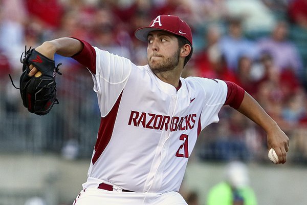 Arkansas pitcher Kacey Murphy throws during a game against Memphis on Wednesday, April 19, 2017, at Dickey-Stephens Park in North Little Rock. 