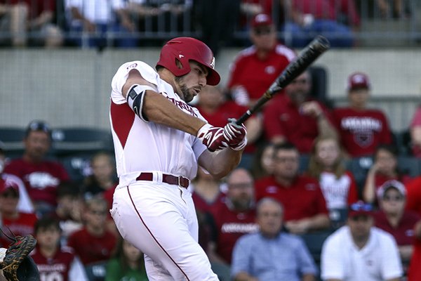 Arkansas first baseman Chad Spanberger bats during a game against Memphis on Wednesday, April 19, 2017, at Dickey-Stephens Park in North Little Rock. 