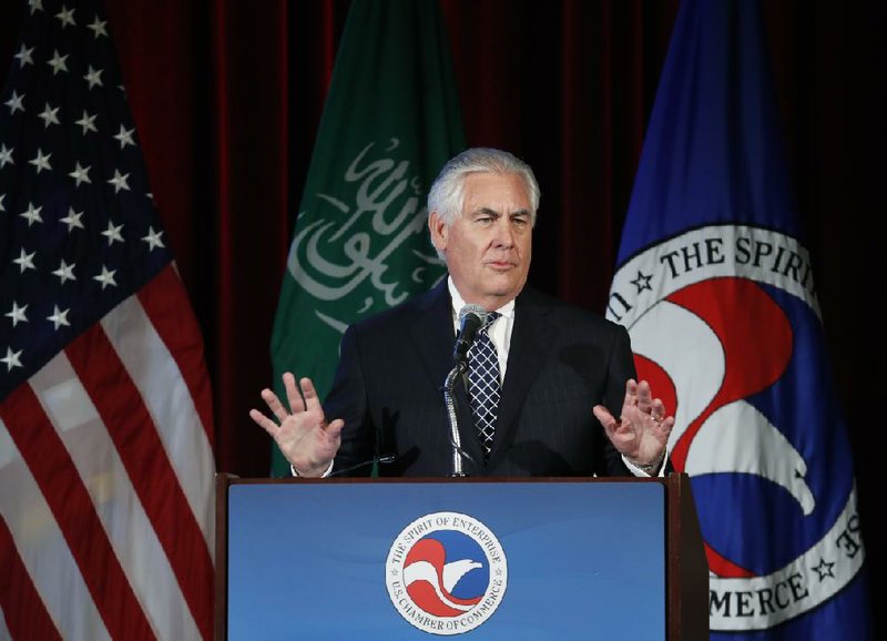Secretary of State Rex Tillerson speaks Wednesday at the U.S.-Saudi Arabia CEO Summit in Washington. Earlier, Tillerson said the Iran nuclear treaty only delays Iran’s goal of becoming a nuclear state.