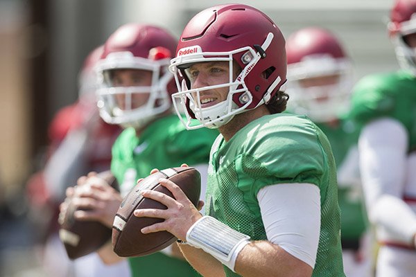 Arkansas quarterback Austin Allen goes through practice Saturday, April 8, 2017, at Razorback Stadium in Fayetteville. 