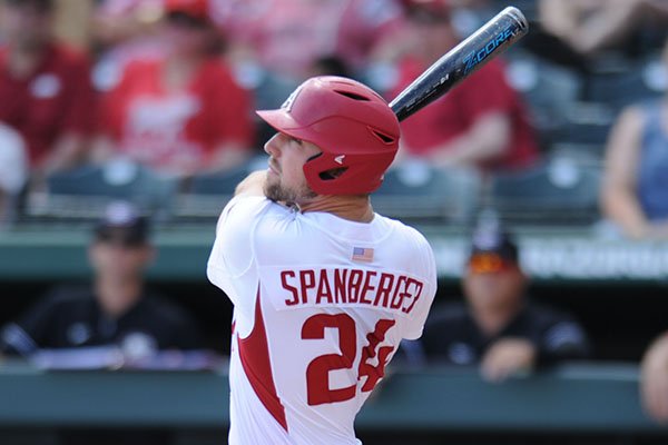 Arkansas first baseman Chad Spanberger bats during a game against Georgia on Saturday, April 15, 2017, in Fayetteville. 