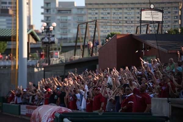 Arkansas fans call the Hogs prior to a game against Memphis on Wednesday, April 19, 2017, at Dickey-Stephens Park in North Little Rock. 