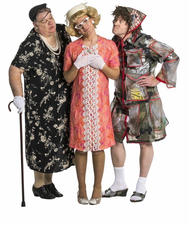 The cast of the current tour of “Greater Tuna” has been expanded from two to three, with each actor playing seven characters. Tim Leavon, center, portrays Vera Carp, all of the Bumiller children, the town mortician and a new character named Ronnie.
