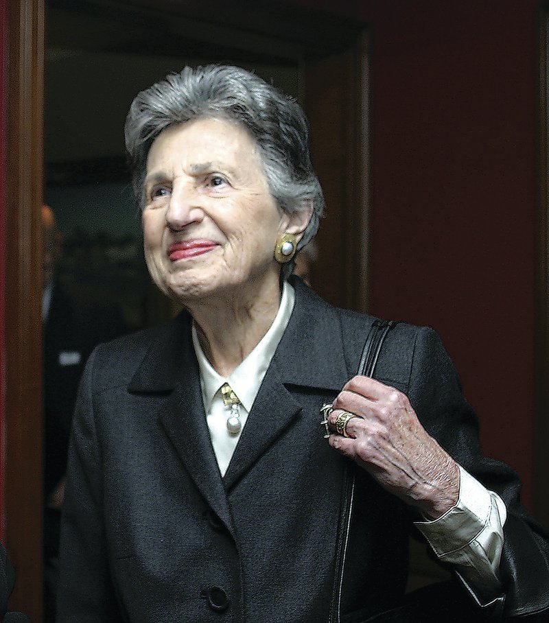 In this undated photo, Ruth Sulzberger Holmberg arrives at a reception held for her at the Walden Club in Chattanooga, Tenn. Holmberg, longtime publisher of The Chattanooga Times and a member of the family that controls The New York Times, died Wednesday, April 19, 2017, at her home in that Tennessee city. She was 96. 