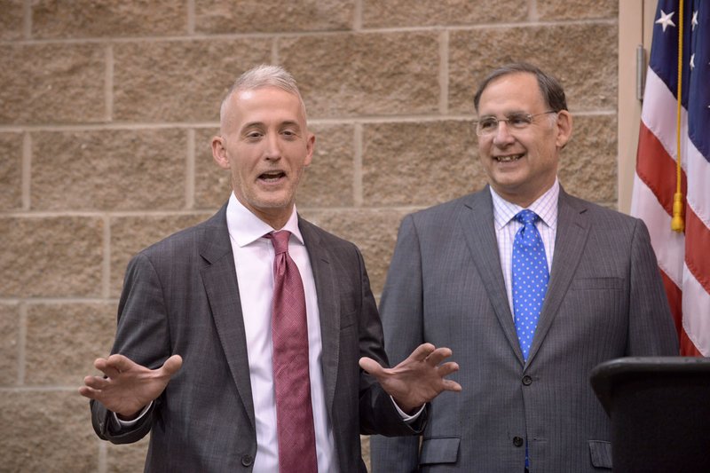 U.S. Rep. Trey Gowdy (left), R-S.C., and U.S. Sen. John Boozman, R-Ark., speak to the media Thursday before Gowdy's speech, part of the Winthrop Paul Rockefeller Distinguished Lecture Series presented by the U.S. Marshals Museum, at the Fort Smith Convention Center.