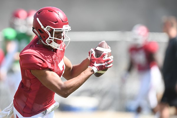 Arkansas receiver Brandon Martin catches a pass during a scrimmage Saturday, April 15, 2017, in Fayetteville. 
