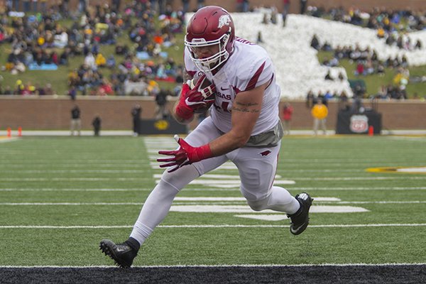 Arkansas tight end Austin Cantrell (44) gets into end zone for a touchdown reception against Missouri on Friday, Nov. 25, 2016, at Faurot Field in Columbia, Mo., during the second quarter.
