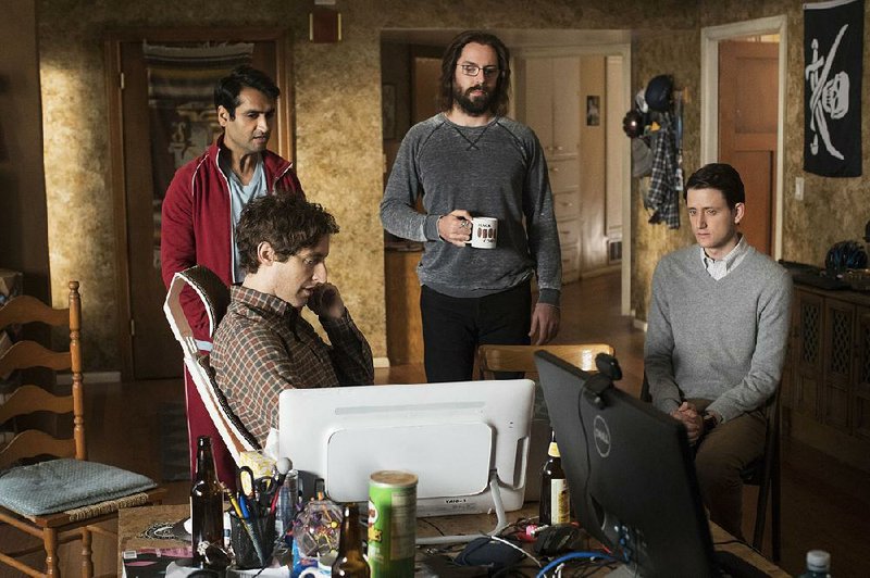 HBO’s Silicon Valley stars (from left) Kumail Nanjiani, Thomas Middleditch, Martin Starr and Zach Woods. The comedy returns for Season 4 at 9 p.m. today.
