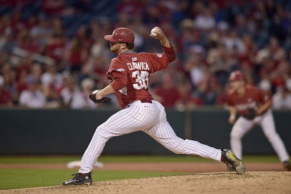 Cannon Chadwick pitches for Arkansas Friday, April 14, 2017 during the sisth inning against Georgia at Baum Stadium in Fayetteville.