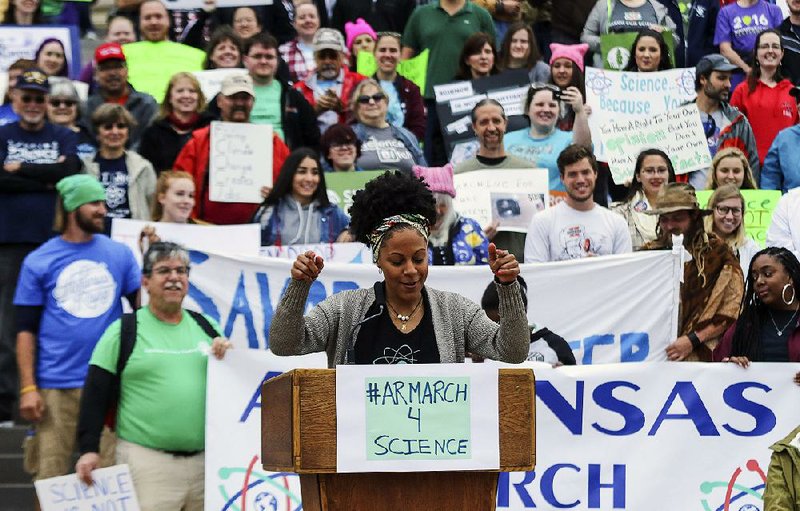Haleigh Eubanks, a Ph.D. candidate in the Interdisciplinary Biomedical Science Program at the University of Arkansas for Medical Sciences, speaks at Saturday’s March for Science rally outside the state Capitol in Little Rock.