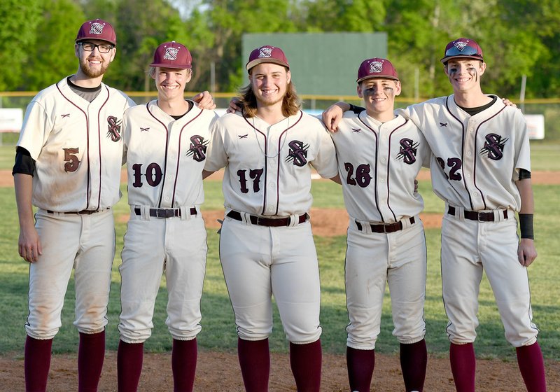 Bud Sullins/Special to Siloam Sunday Siloam Springs baseball seniors, from left, Josh Hunt, Eli Hawbaker, Chance Junkermann, Dawson Armstrong and Chandler Cook were honored after Wednesday&#8217;s game against Russellville. The Panthers are scheduled to play a nonconference game at Prairie Grove on Monday before traveling to Greenwood on Tuesday for their final regular season game.