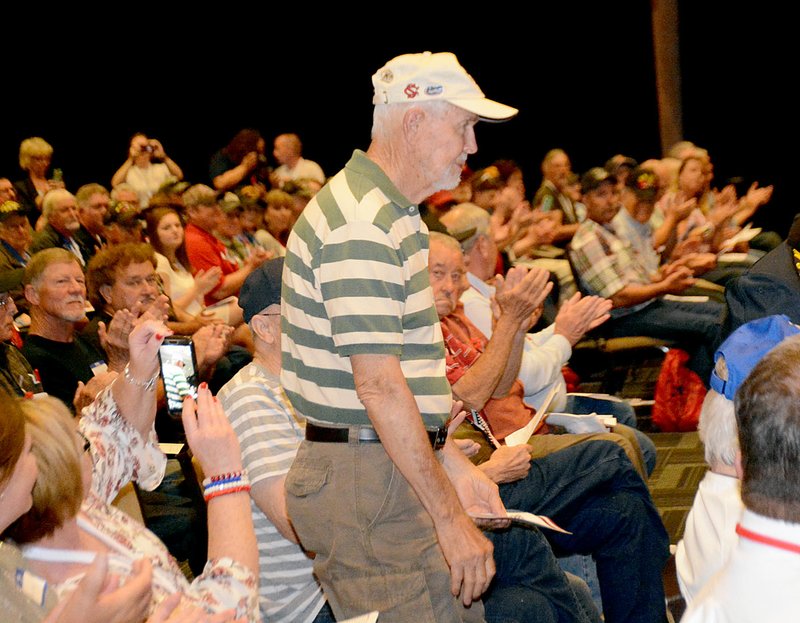 Janelle Jessen/Siloam Sunday Each veteran was introduced to thunderous applause during the send-off ceremony for the Oklahoma and Arkansas Honor Flight at the Cherokee Casino on Tuesday evening.