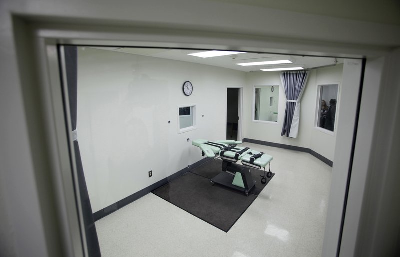 This Sept. 21, 2010, file photo shows the interior of the lethal injection facility at San Quentin State Prison in San Quentin, Calif. California corrections officials expect to meet a Wednesday, April 26, 2017 deadline to submit revised lethal injection rules to state regulators, trying again with technical changes after the first attempt was rejected in December.