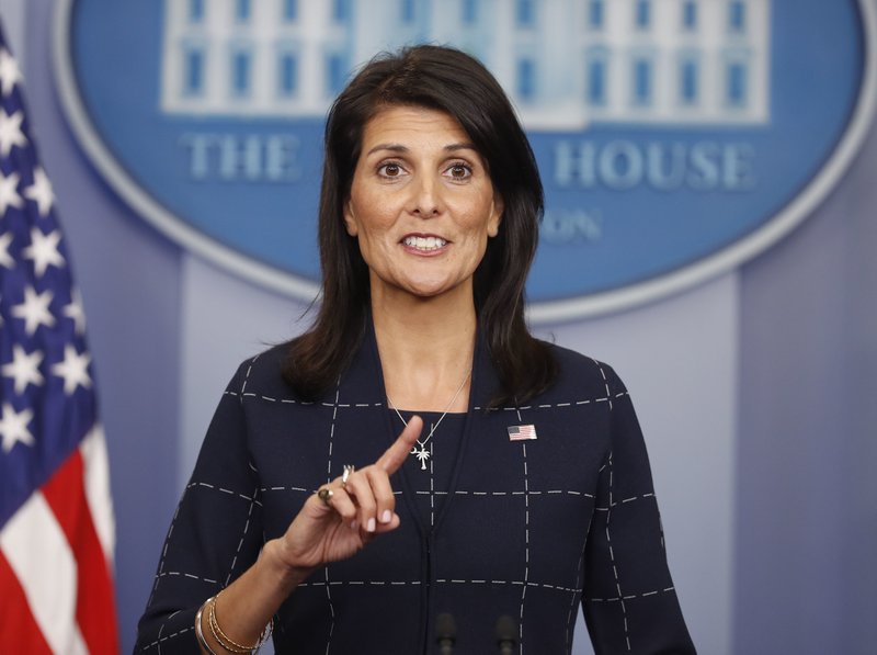 U.S. Ambassador to the UN Nikki Haley speaks to the media during the daily briefing in the Brady Press Briefing Room of the White House in Washington, Monday, April 24, 2017. 