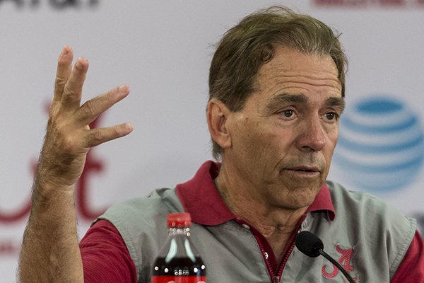 Alabama football coach Nick Saban talks with reporters during a news conference, Thursday, April 20, 2017, in Tuscaloosa, Ala. (Vasha Hunt/AL.com via AP)

