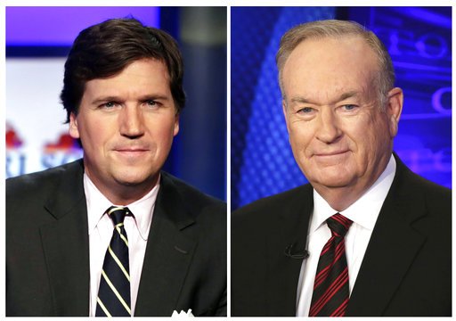 In this combination photo, Tucker Carlson, host of "Tucker Carlson Tonight," appears on the set in New York, Thursday, March 2, 2107, left, and Fox News personality Bill O'Reilly appears on the set of his show, "The O'Reilly Factor" on Oct. 1, 2015 in New York. 