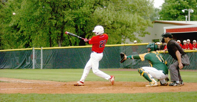 MARK HUMPHREY ENTERPRISE-LEADER Farmington third baseman Ryan Larkin hits a double into right field to set up a run in the sixth inning as the Cardinals beat Alma in a 5A West game Friday.