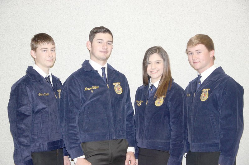 LYNN KUTTER ENTERPRISE-LEADER Prairie Grove&#8217;s FFA Livestock Judging Team finished first in the State Career Development Final Competition, held April 13-14 at the University of Arkansas in Fayetteville. Members are Chandler Rhein, left, Mason Walker, Whitney Walker and Kinder Harlow. The team will advance to the national competition in the fall.