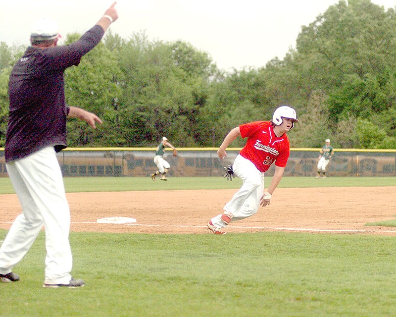 MARK HUMPHREY ENTERPRISE-LEADER Farmington baseball coach Jay Harper waves Blake Putnam in as he rounds third. The Cardinals beat Alma, 6-0, Thursday.