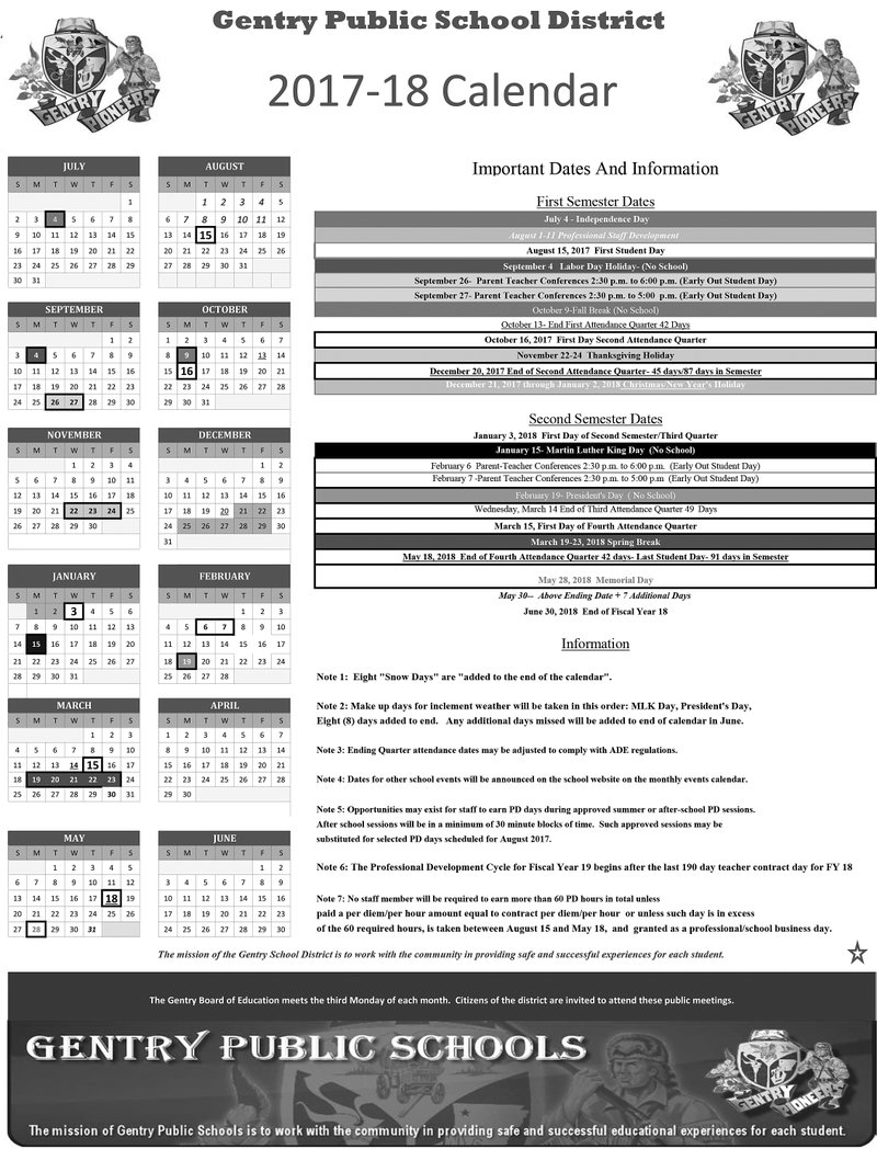 Gentry School Calendar for the 2017-2018 School Year