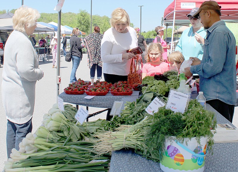 Shirley Burks, left, stands at a produce stand owned by Choua Moua, while Sandy Hoyt, Evelynn Gillespie, Owen Gillespie and Amy Gillespie talk with Jai Lor about purchasing strawberries.