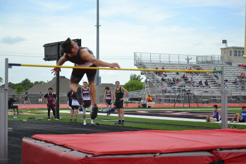 NWA Democrat-Gazette/Annette Beard Cole Cripps of Gentry clears the jump in the boys high jump Tuesday afternoon at Blackhawk Stadium in Pea Ridge.