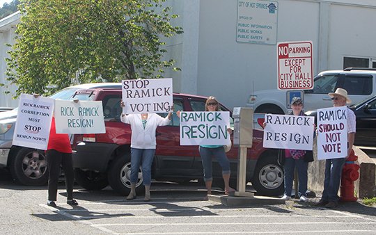A protest against District 5 City Director Rick Ramick preceded the Hot Springs Board of Directors' agenda meeting and interviews with candidates for Hot Springs mayor on Tuesday at City Hall. Following the agenda meeting, the board met in executive session to interview the candidates for mayor. A decision had not been reached by presstime. The demonstration was in protest of Ramick serving despite questions about his residency.