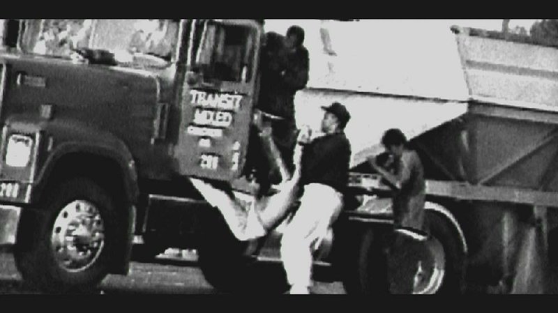 Reginald Denny is pulled from his truck and almost beaten to death during the 1992 Los Angeles riots. The incident is part of the ABC documentary Let It Fall: Los Angeles 1982-1992.
