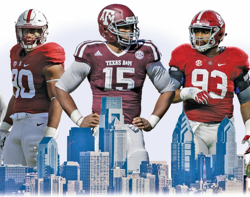 Pictured in this AP photo illustration are (from left to right): Solomon Thomas (Stanford DL 6-3, 273 pounds), Myles Garrett (Texas A&M DL 6-4, 272 pounds) and Jonathan Allen (Alabama DL 6-3, 286)
