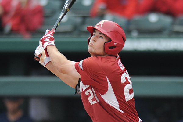 Arkansas' Evan Lee bats during a game against Ole Miss on Saturday, April 28, 2017, in Fayetteville. 