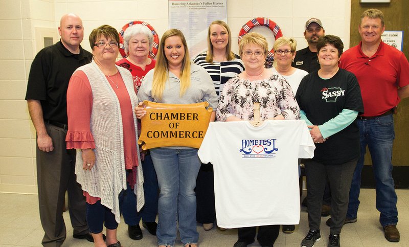 The Bald Knob Homefest is set for Thursday through Saturday in the downtown courtyard. The event is sponsored by the Bald Knob Chamber of Commerce. Pictured are, front row, from left, vice president Sheila Martin, president Erin Evans, secretary Rita King and treasurer Teresa Hanney; and back row, Vince Vire, office manager Bertie Yates, Melissa Gipson, Nancy Corbit, Jeremy Tharp and Jon Hopkins.