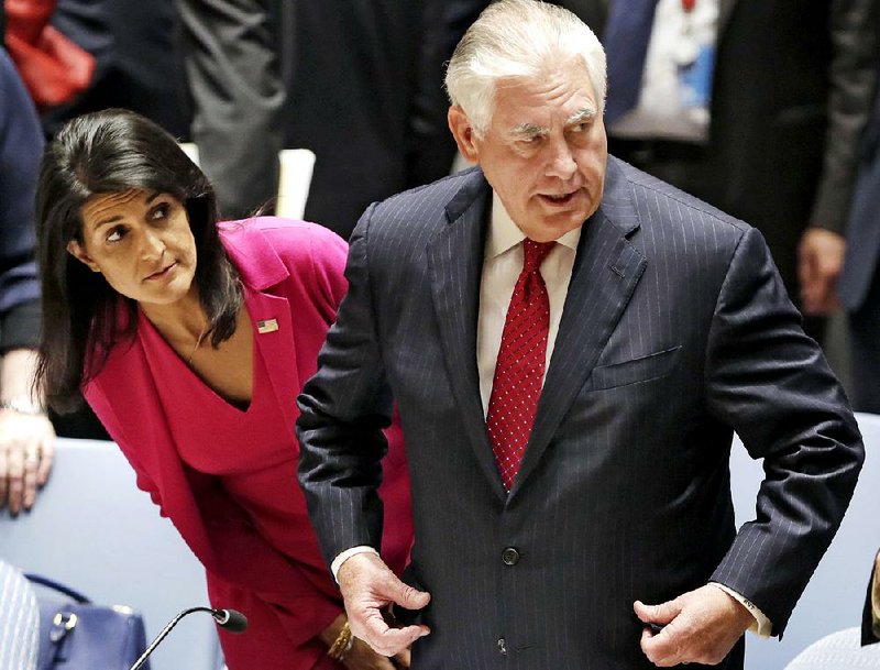 Secretary of State Rex Tillerson, accompanied by U.S. Ambassador Nikki Haley, arrives Friday for a Security Council meeting on North Korea at U.N. headquarters.