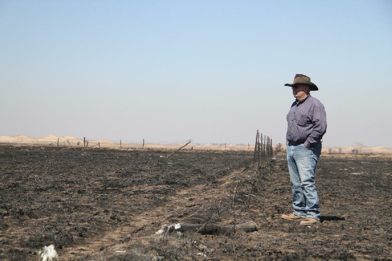 In March, Greg Gardiner overlooks his fire-ravaged ranch in Clark County, Kan., after a spate of wildfires. 