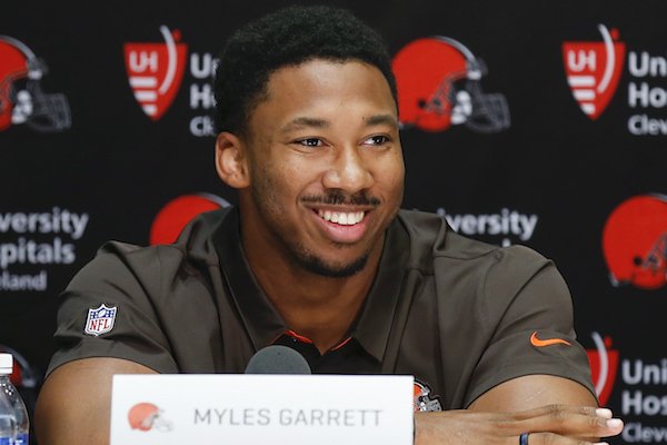 Cleveland Browns' Myles Garrett answers a questions during a news conference at the NFL team's training facility, Friday, April 28, 2017, in Berea, Ohio. Garrett played defensive end at Texas A&M. (AP Photo/Ron Schwane)