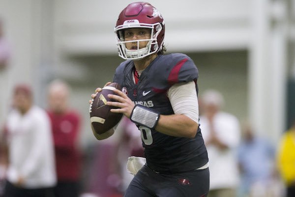 Senior quarterback Austin Allen during Arkansas football practice on Saturday, April 29, 2017, inside Walker Pavilion in Fayetteville.