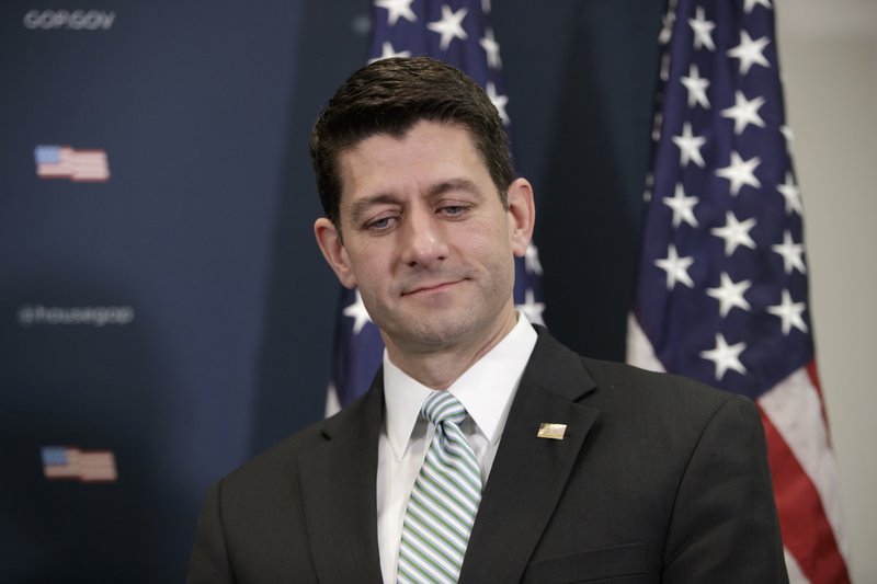 FILE - In this April 4, 2017 file photo, House Speaker Paul Ryan of Wis. pauses during a news conference on Capitol Hill in Washington to talk about the failed health care bill.