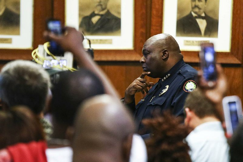 Little Rock Police Chief Kenton Buckner listens on April 30, 2017 as the city’s Board of Directors holds a specially called meeting to discuss the continuing increase in violent crime.