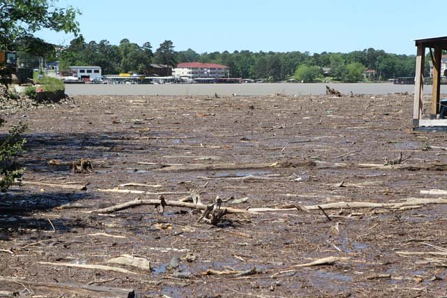 The Sentinel-Record/Richard Rasmussen CLOGGED COVE: Debris from storms over the weekend partially covers a cove on Lake Hamilton near the Airport Road bridge on Monday.