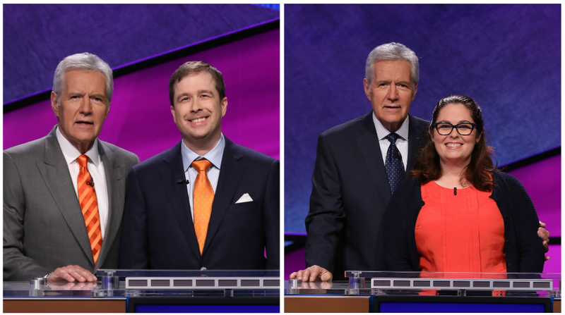 Mary Parker and Cody Vest, who each teach at Rogers Heritage High School in Rogers, pose with Jeopardy! host Alex Trebek. Photos courtesy Jeopardy Productions, Inc.