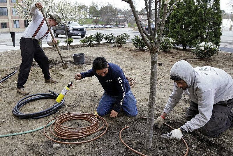 Landscaping firm owner Stephen Faulkner (from left) installs an irrigation system with workers Gonsalo Garcia and Jalen Murchison in Manchester, N.H. Faulkner is considering giving up the landscaping business because of the loss of visas for foreign workers. 