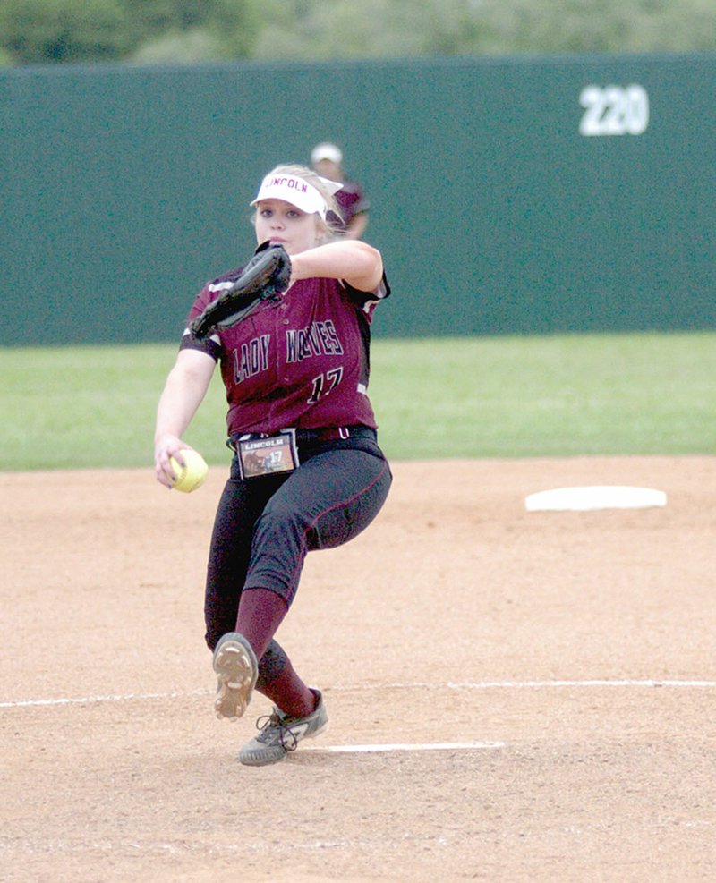 MARK HUMPHREY ENTERPRISE-LEADER/Lincoln starting pitcher Aayden Massey winds up against Gentry. Massey won twice during the 4A-1 District Softball tournament last week to propel the Lady Wolves into the 4A North Regional at Dover this week.