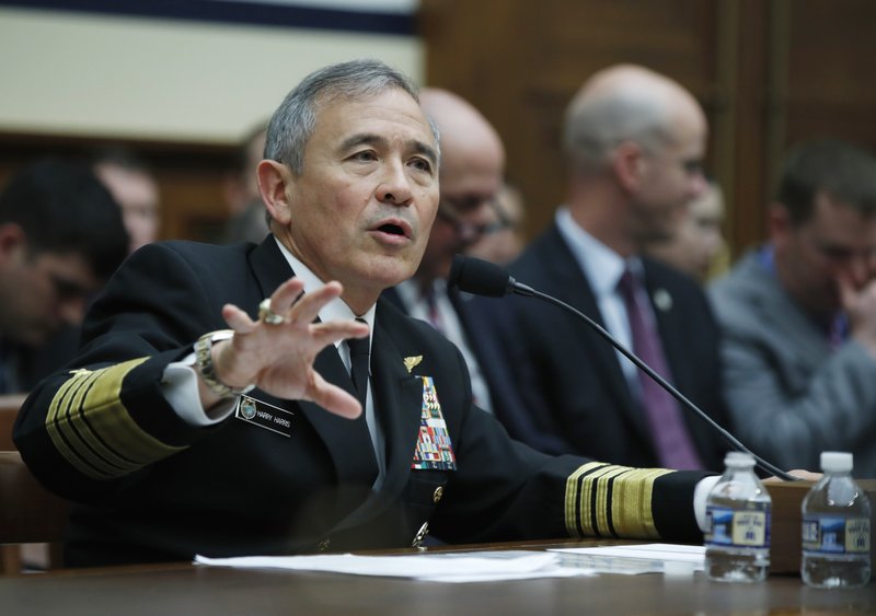 In this photo taken April 26, 2017, U.S. Pacific Command Commander Adm. Harry Harris Jr. testifies on Capitol in Washington.
