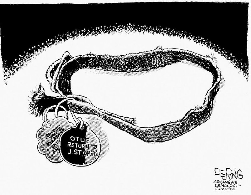 Editorial cartoonist John Deering drew this rendition of my collar after my demise. Owner still has the memento after 25 years.Fayetteville-born Otus the Head Cat’s award-winning column of humorous fabrication appears every Saturday