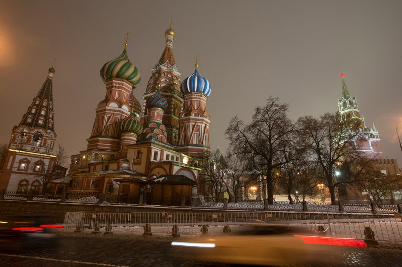 St. Basil's cathedral sits illuminated at night on Red Square in Moscow on Nov. 10, 2016. 
