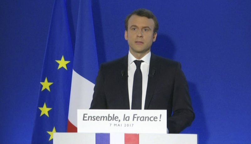 In this image taken from video footage, incoming French president Emmanuel Macron speaks after his victory at his campaign headquarters in Paris, Sunday, May 7, 2017.