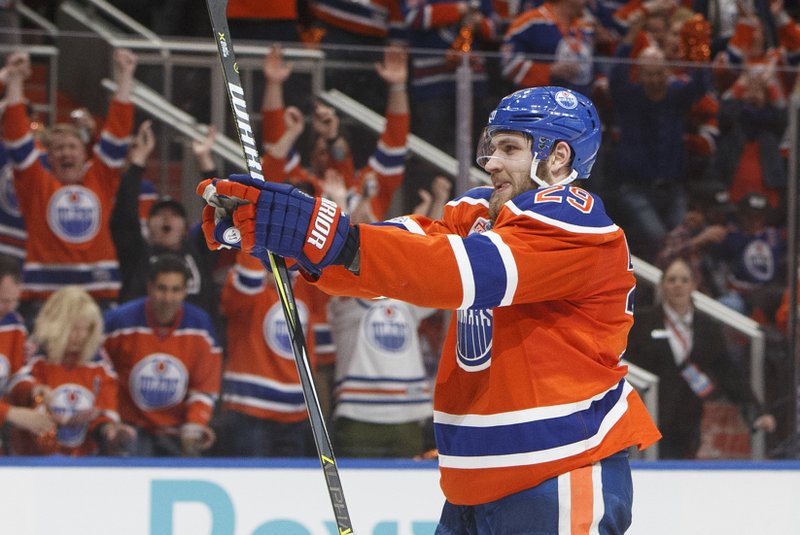 Edmonton Oilers' Leon Draisaitl (29) celebrates a goal agains the Anaheim Ducks during the second period in Game six of a second-round NHL hockey Stanley Cup playoff series in Edmonton, Alberta, Sunday, May 7, 2017. 