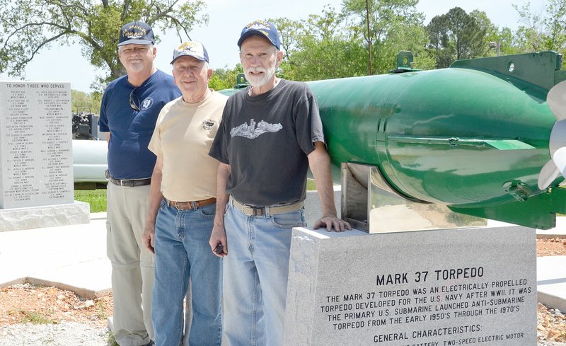 Submarine veterans in front of new sub vet memorial - a Mark 37 torpedo, Pea Ridge, Ark.